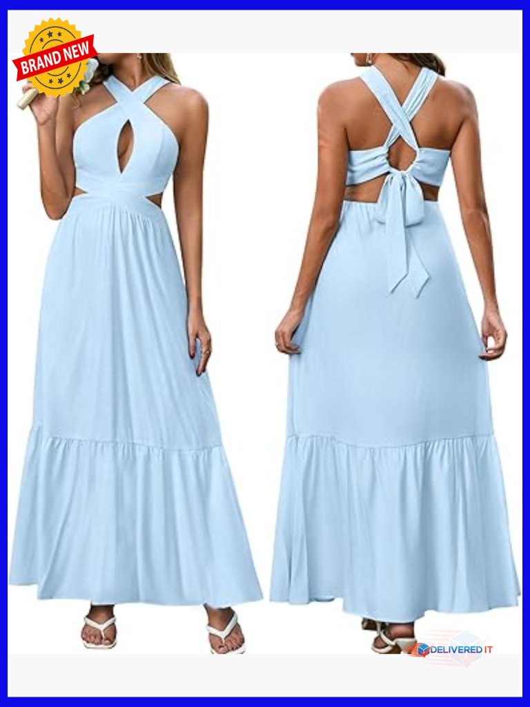 Women's Halter Maxi Sundress Ruffle Cut Out Tie Backless Boho Beach